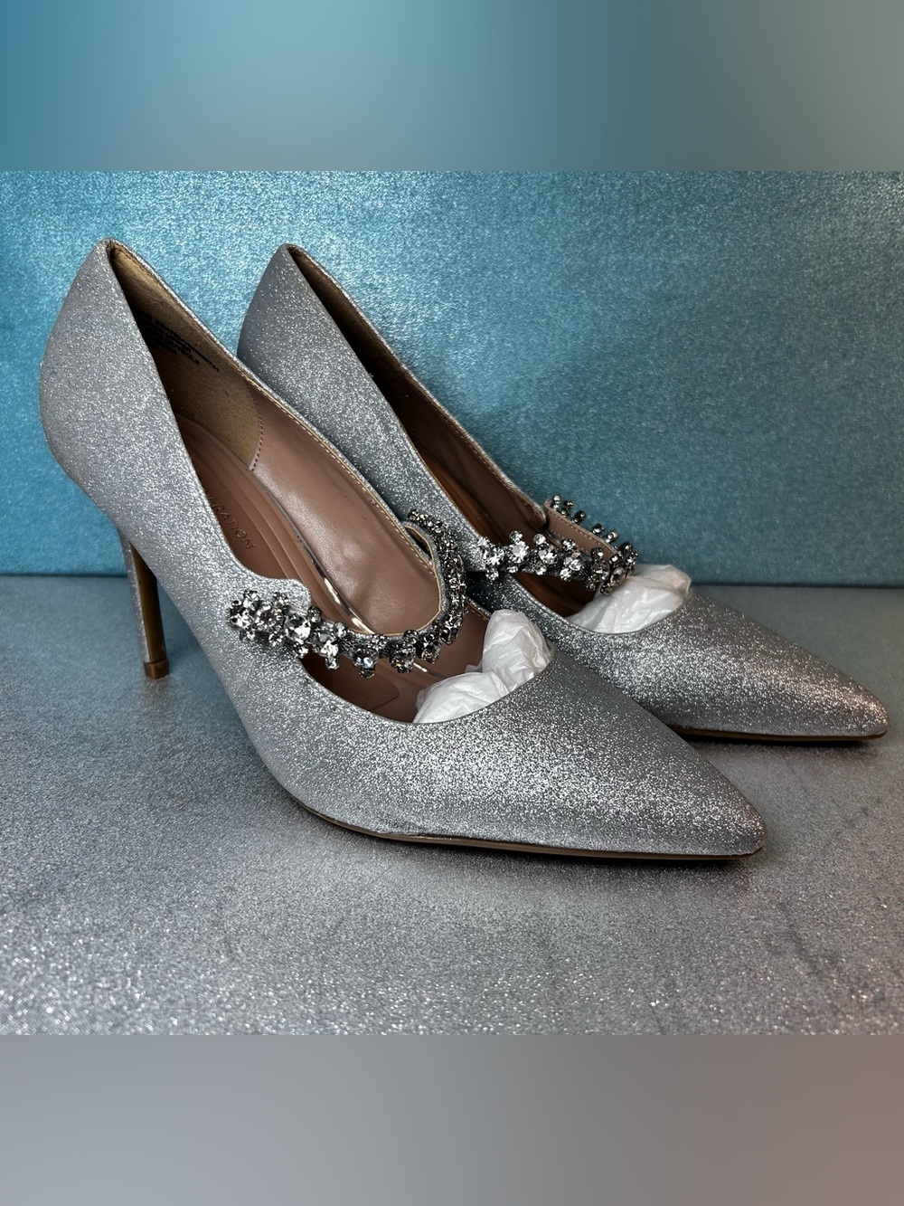 BCBGeneration Blingy Silver Rhinestone Pointed Toe High Heel Shoes Size 7.5 - Picture 5 of 13